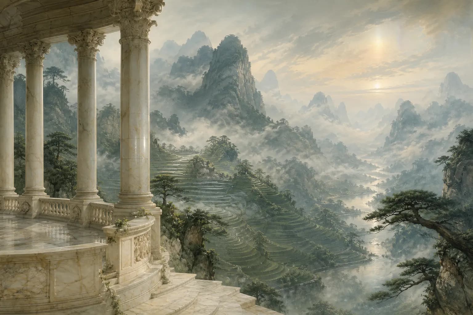 A marble terrace overlooking mist-wrapped terraced mountains at dawn