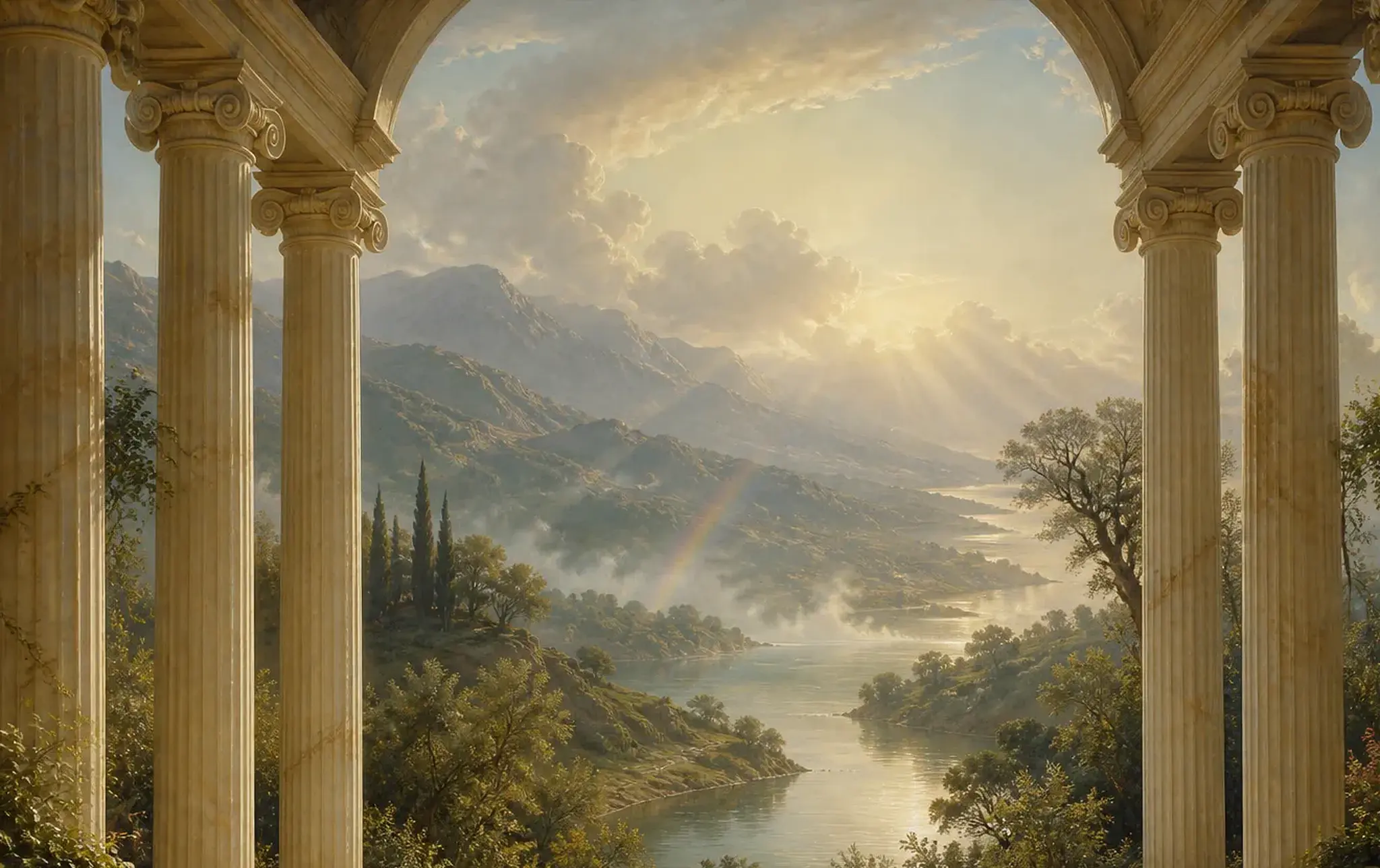 A sunlit river valley at dawn, with a faint rainbow, seen through the arch of a marble portico