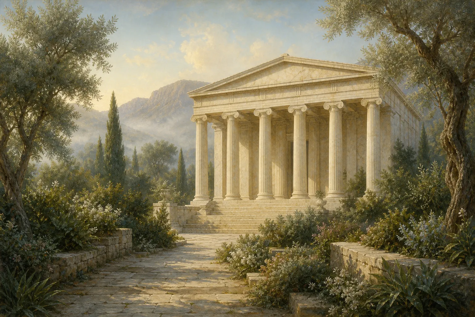 A classical marble temple at the end of a garden path